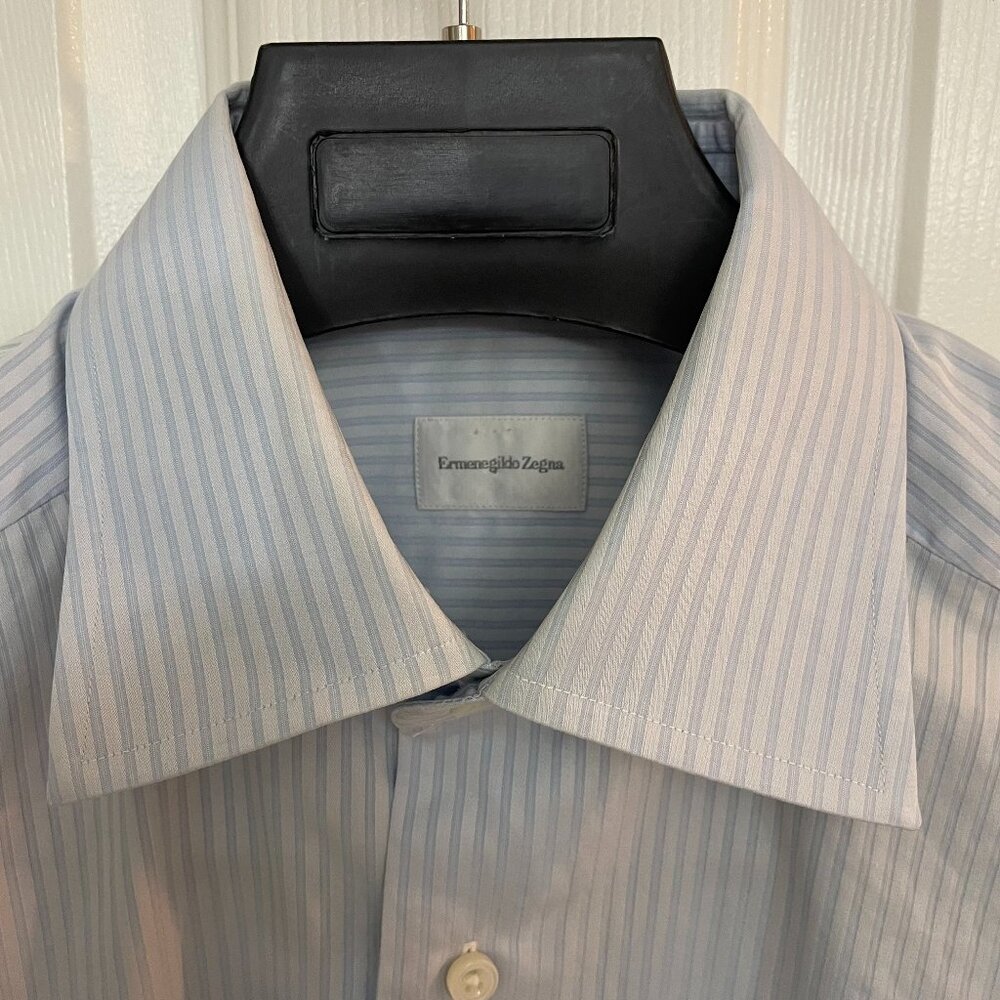 Ermenegildo Zegna Blue/White Striped French Cuff Dress Shirt (39) 15.5